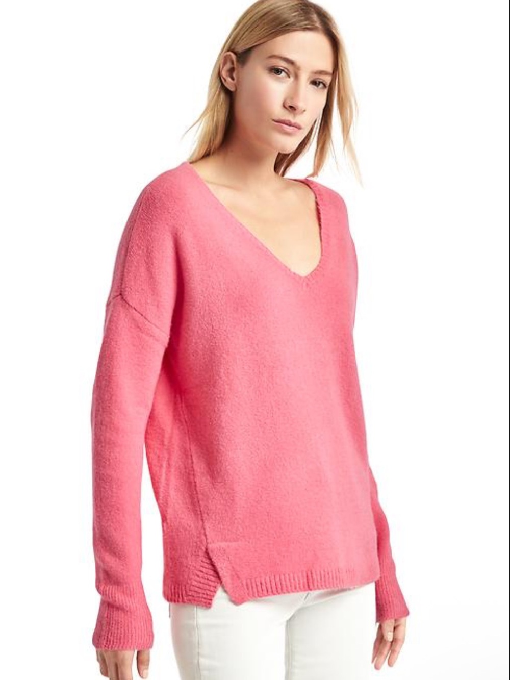Gap‎ Wool Alpaca Blend V Neck Oversized Soft Knit Pullover Sweater Pink